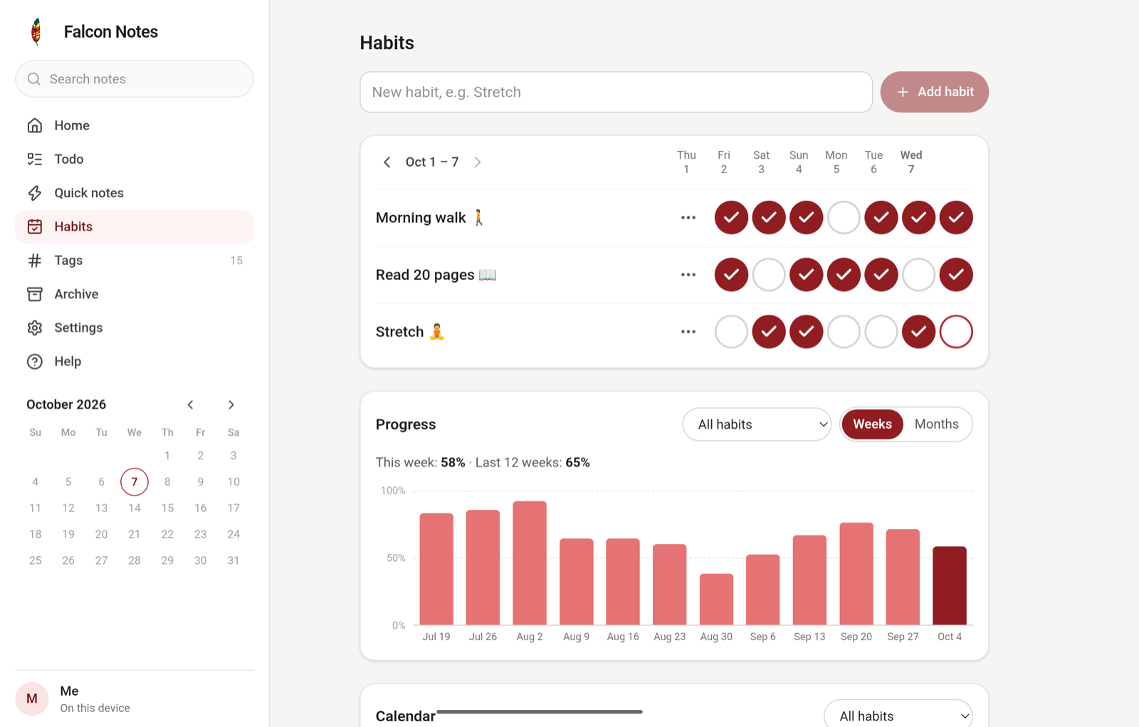 The Habits page on a tablet: three habits, each with a row of seven day circles, above a bar chart of the share of days done per week.