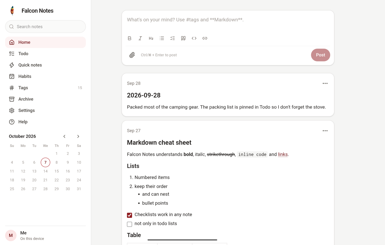 The Falcon Notes home page on a tablet: a side menu with a calendar, and a box for writing a note above a timeline of notes.