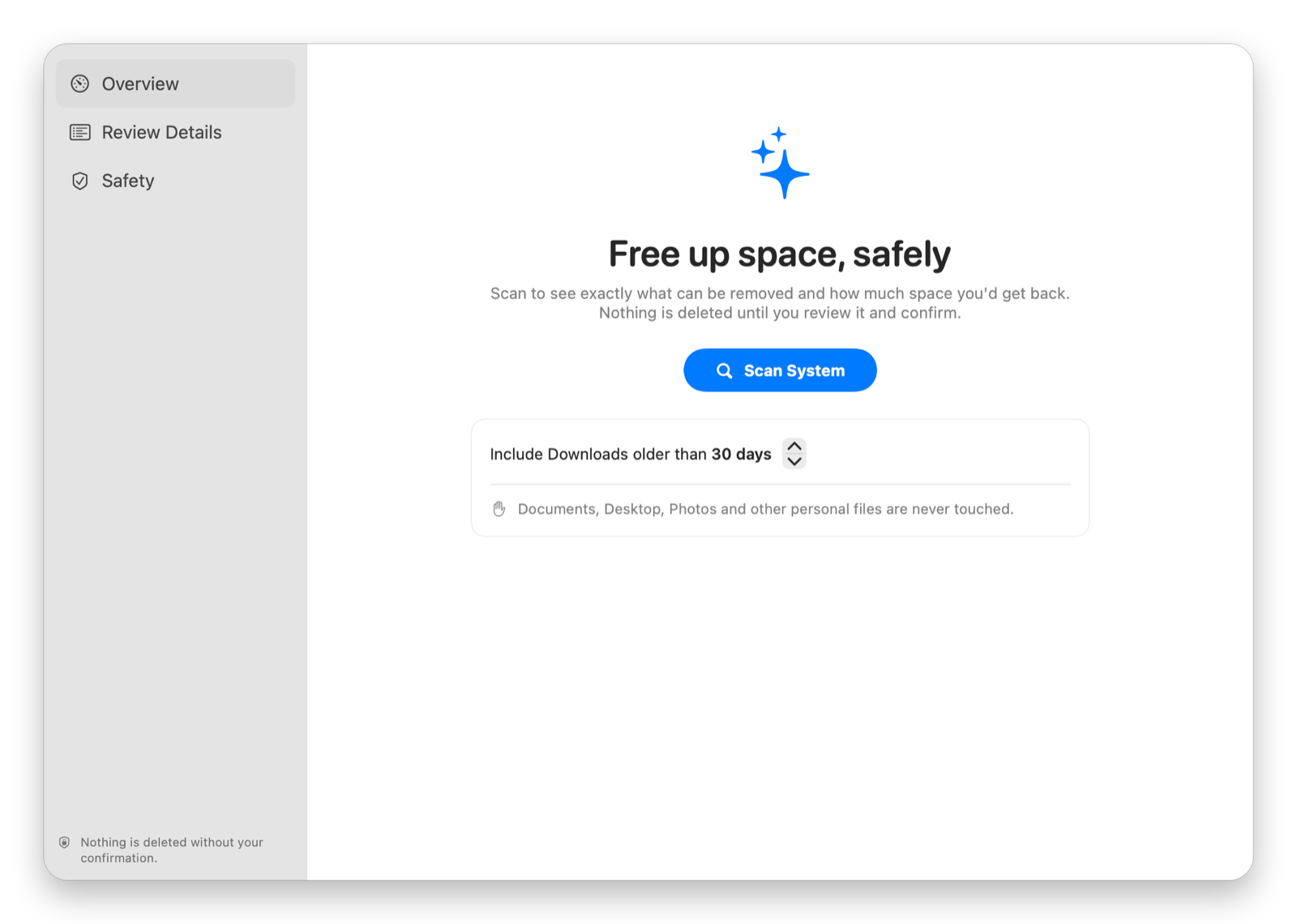 Start screen with the Scan System button and the Downloads age setting