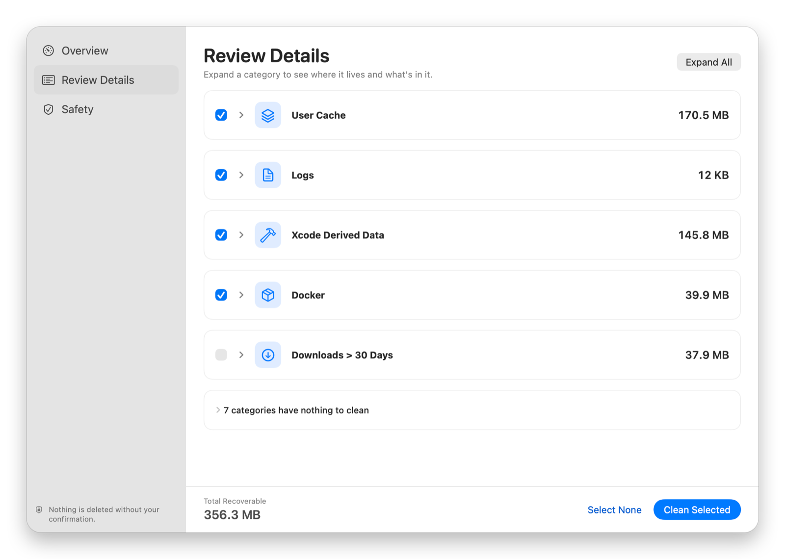 Review Details screen with expandable categories