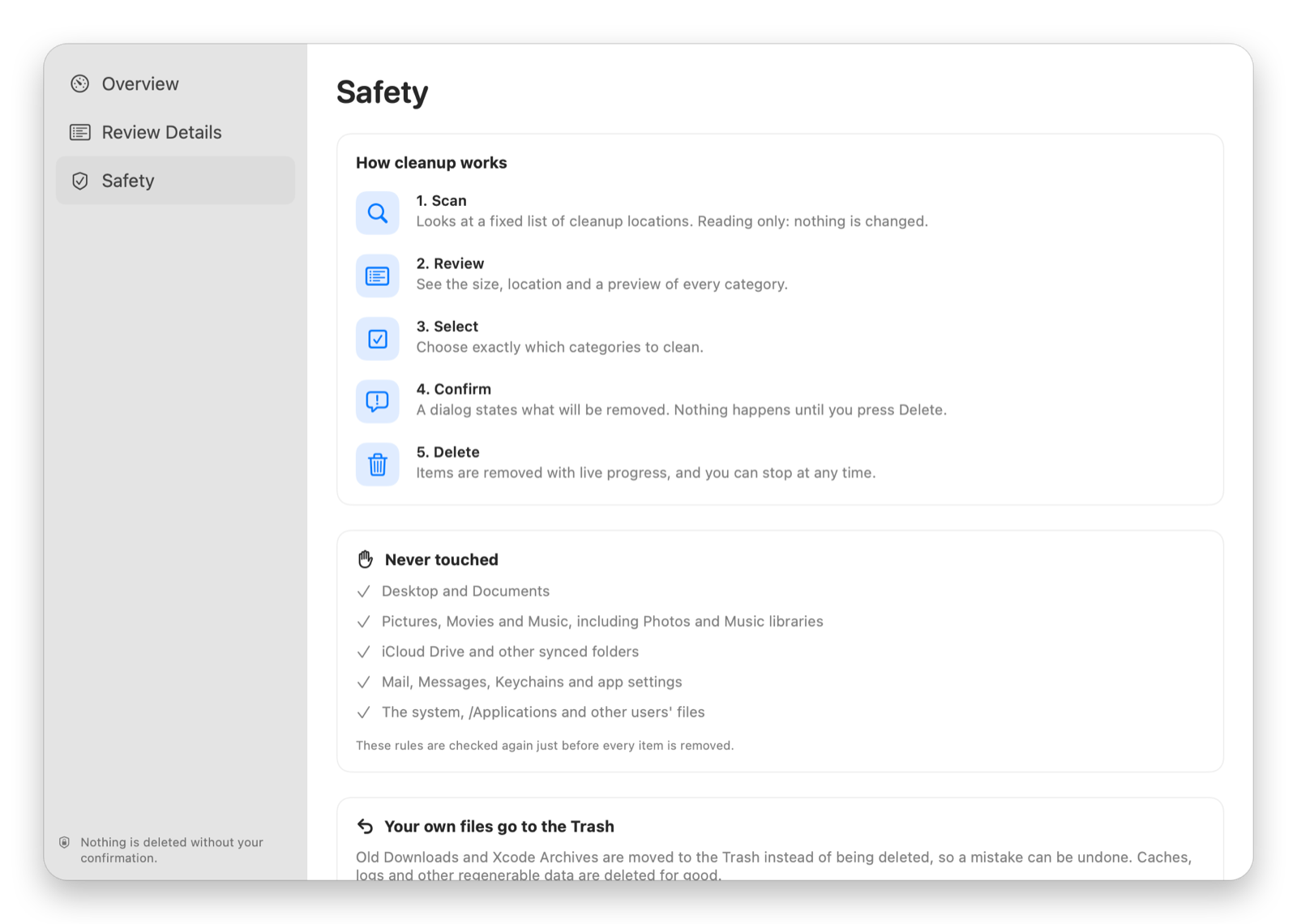 Safety screen describing how cleanup works and what is never touched