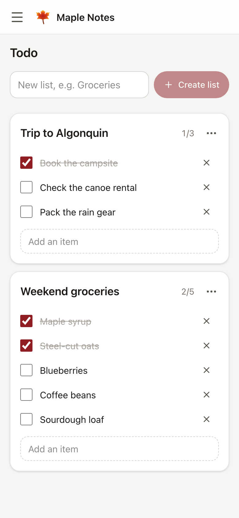 Todo lists on a phone: two checklists with some items ticked off.