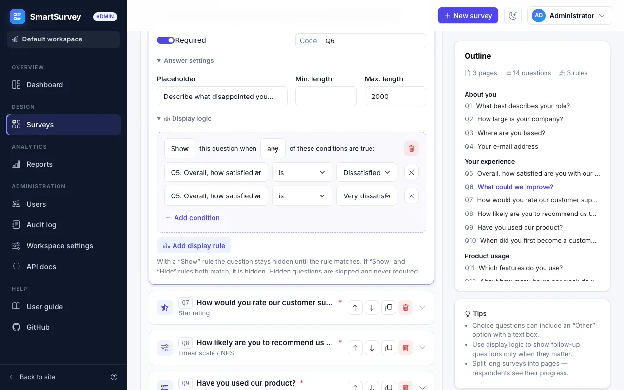 The display logic editor of a question in the survey builder