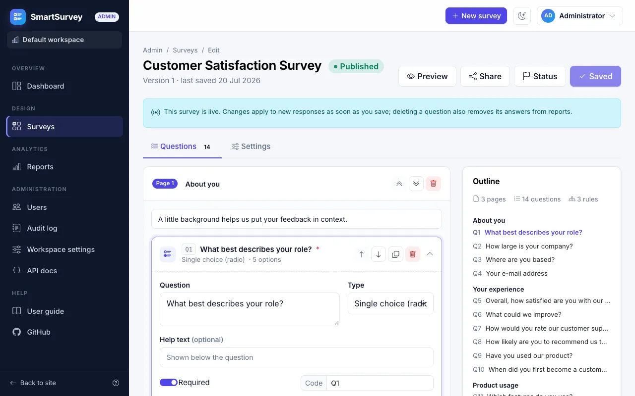 The survey builder with a page of questions and the outline of the survey