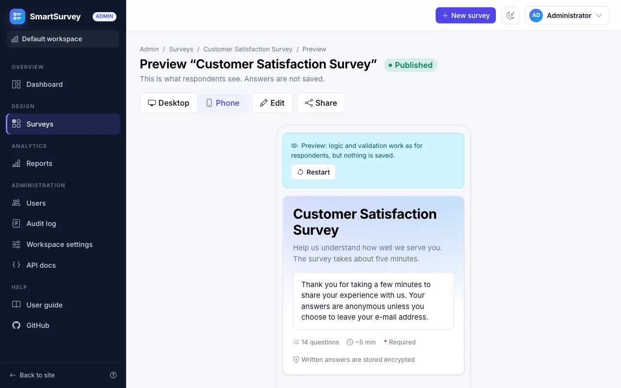 The preview of a survey