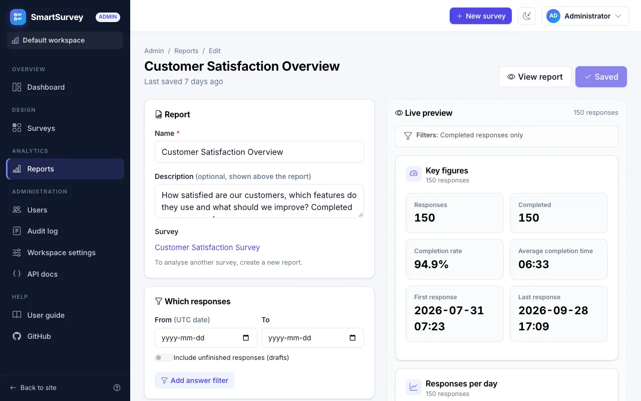 The report builder with its widget list and a live preview