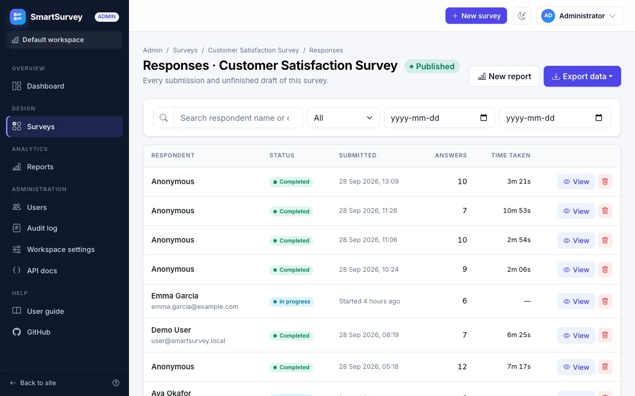 The list of responses of a survey with filters and export buttons