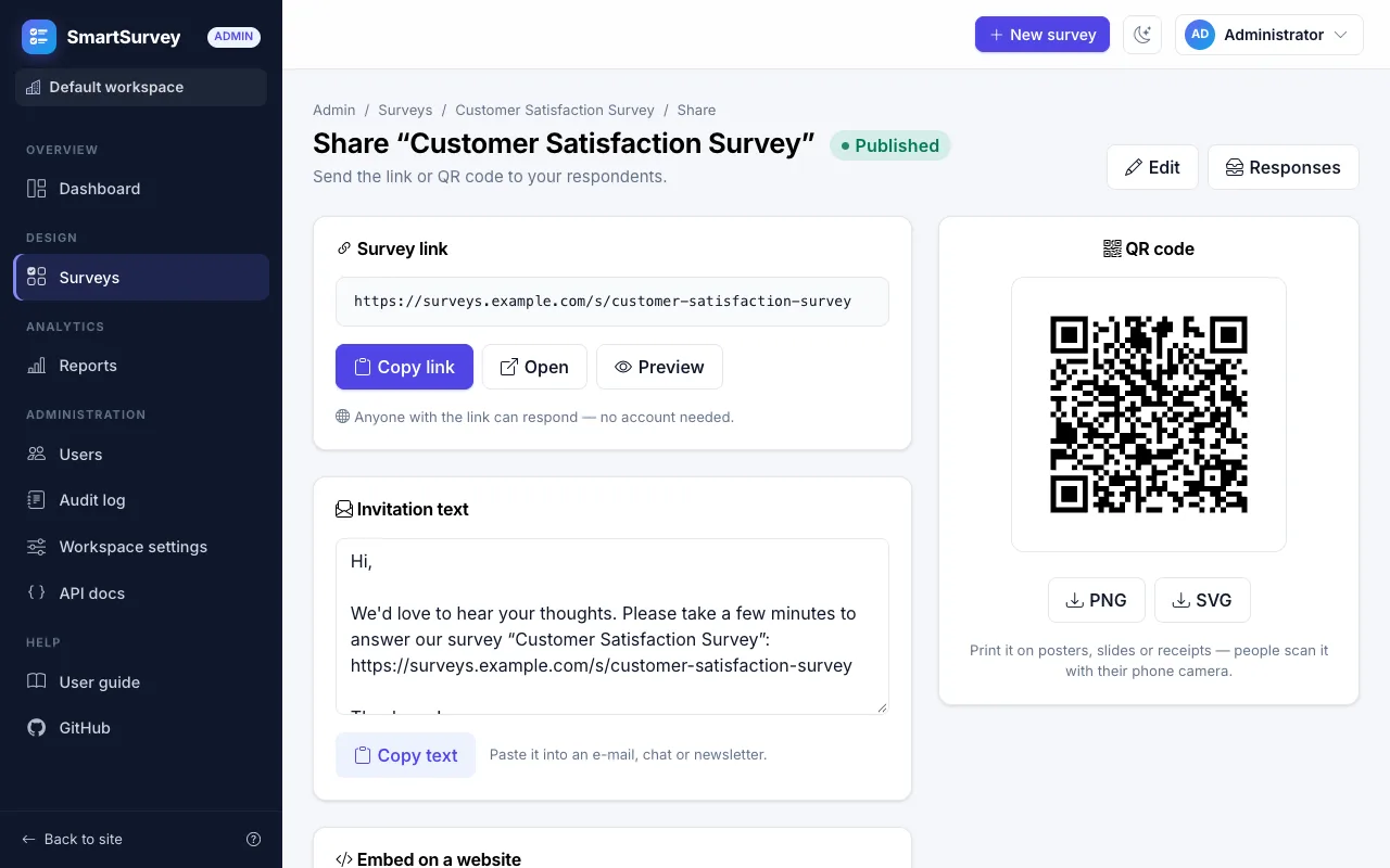 The share page of a survey with its link, QR code and embed snippet