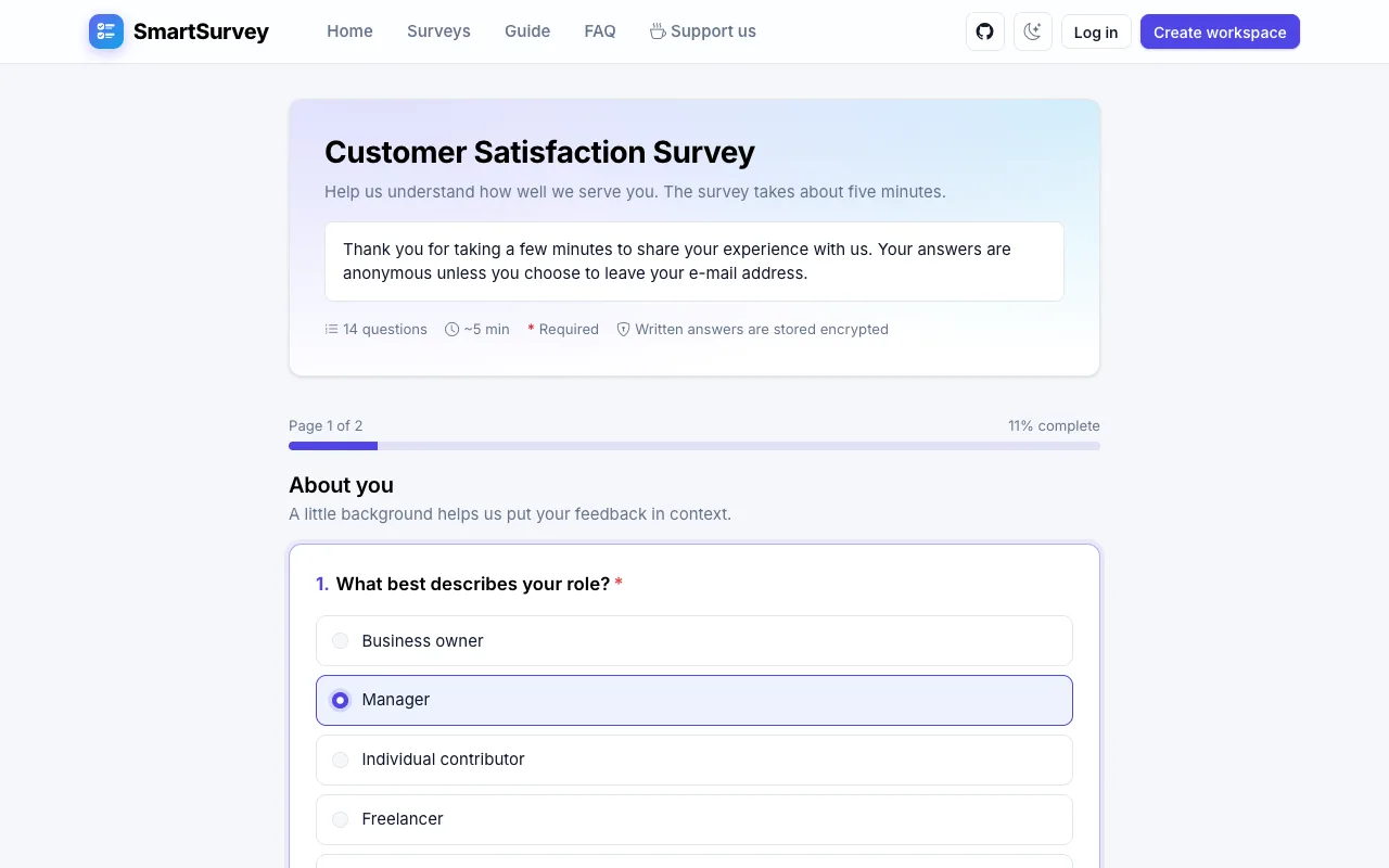 A survey page with a progress bar and required questions