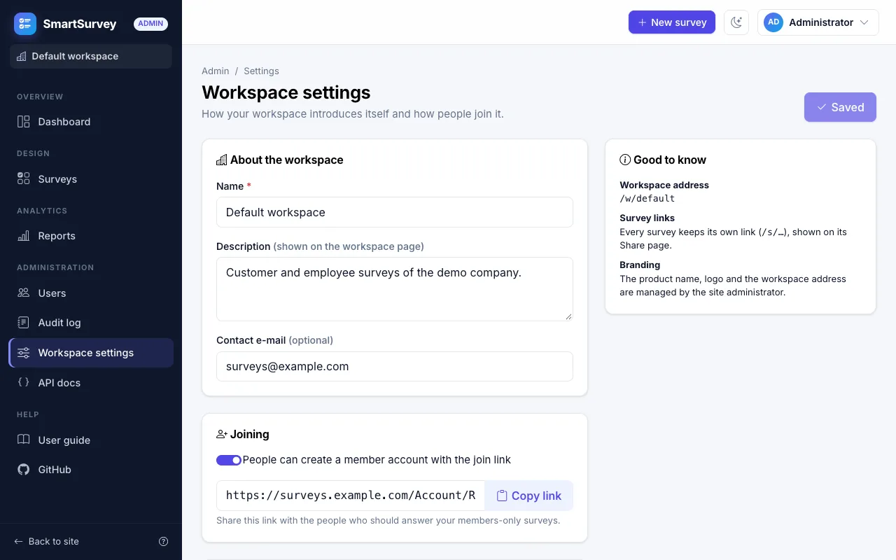 The settings of a workspace with its join link